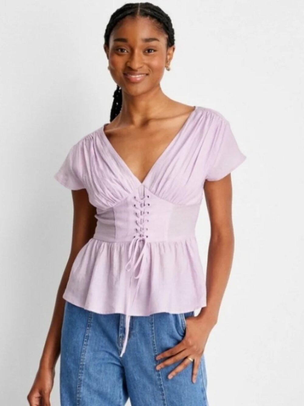 Future Collective Lavender Lace Up Boho Top